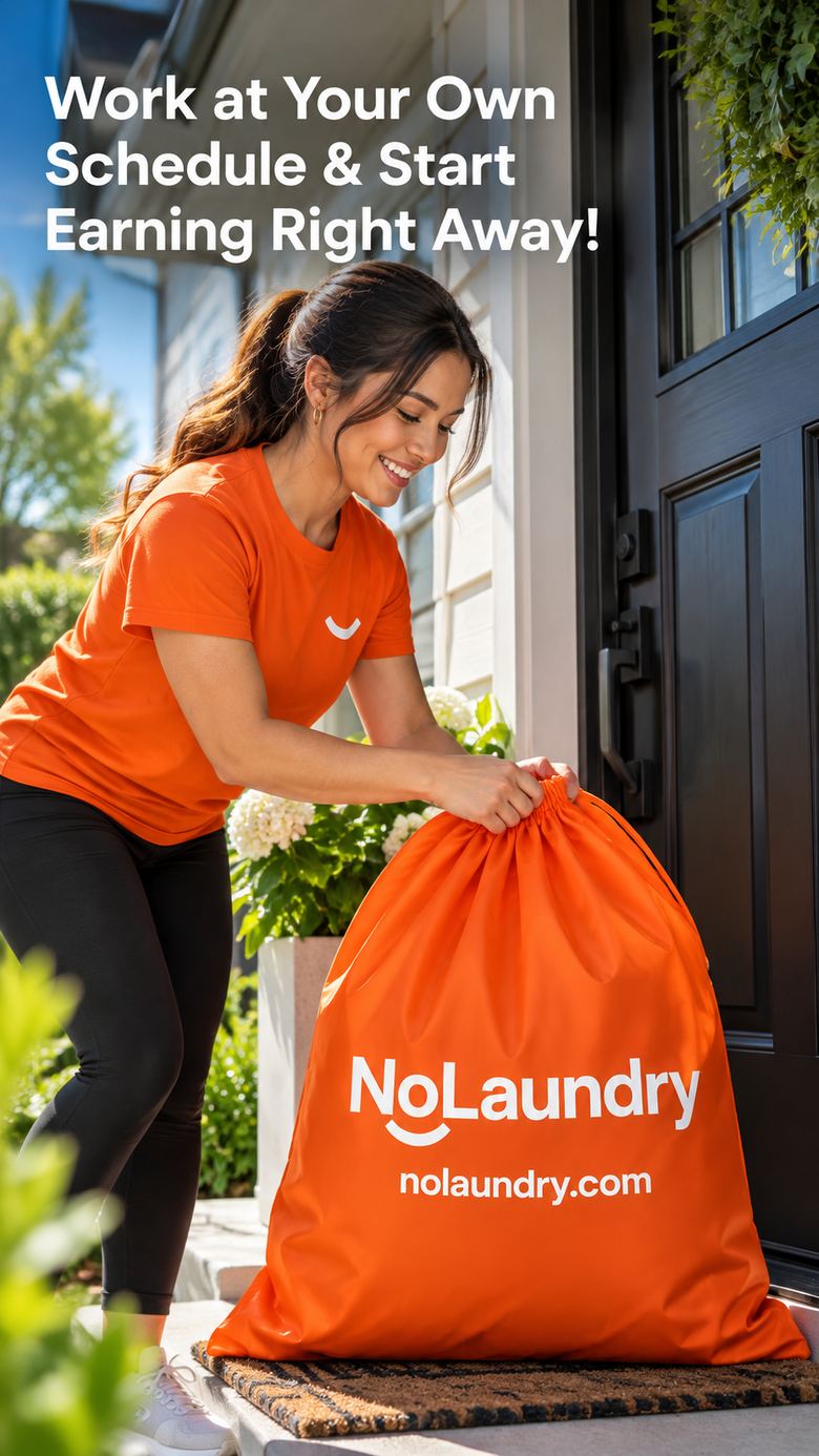 Work at your own schedule and start earning right away. A smiling Laundry Hero in an orange NoLaundry shirt drops off an orange NoLaundry bag at a customer's front door.